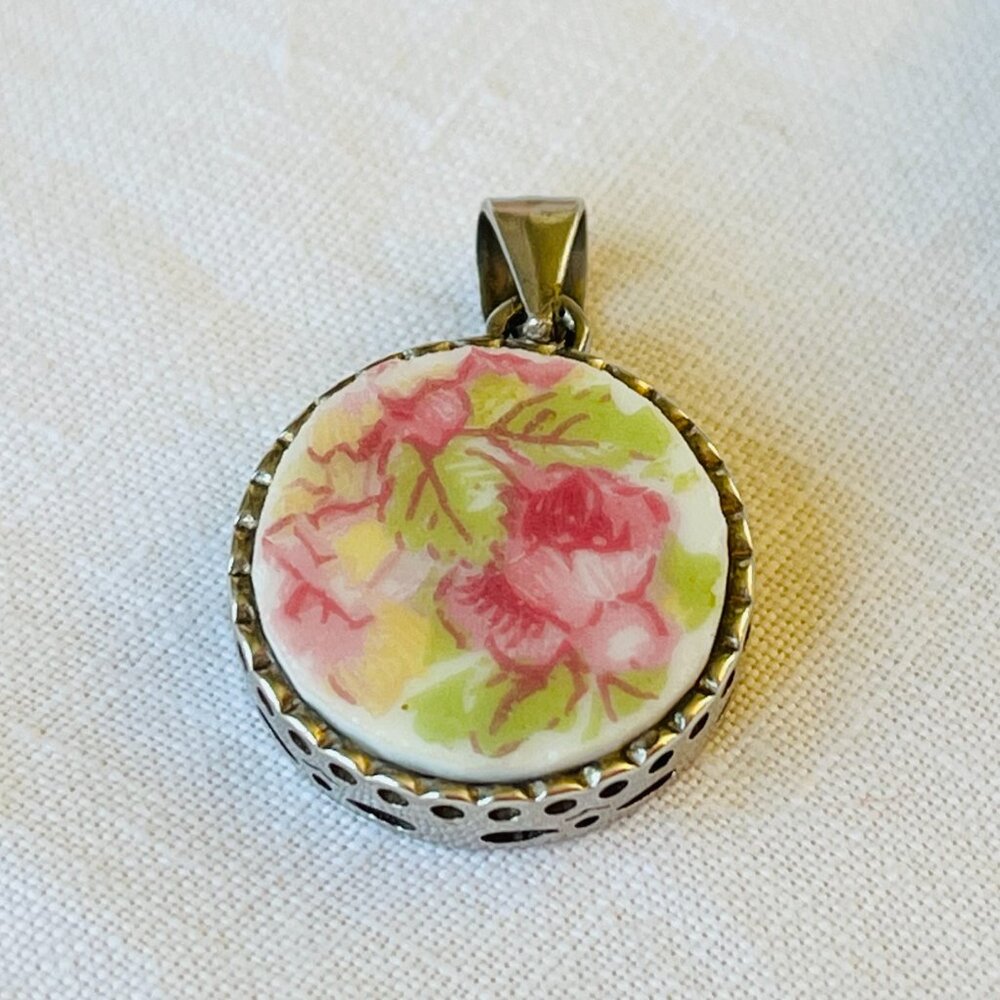 Silver Bone China Pendant  Limoges Pink Roses China